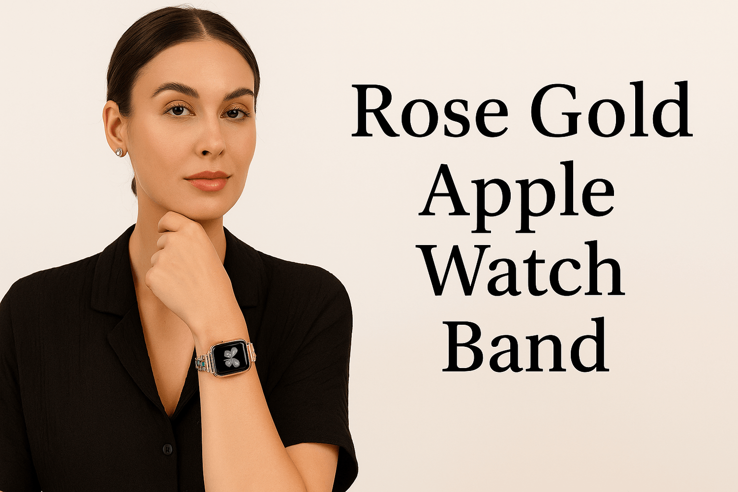 Woman showcasing a stylish Rose Gold Apple Watch Band, perfect for daily wear or special occasions.