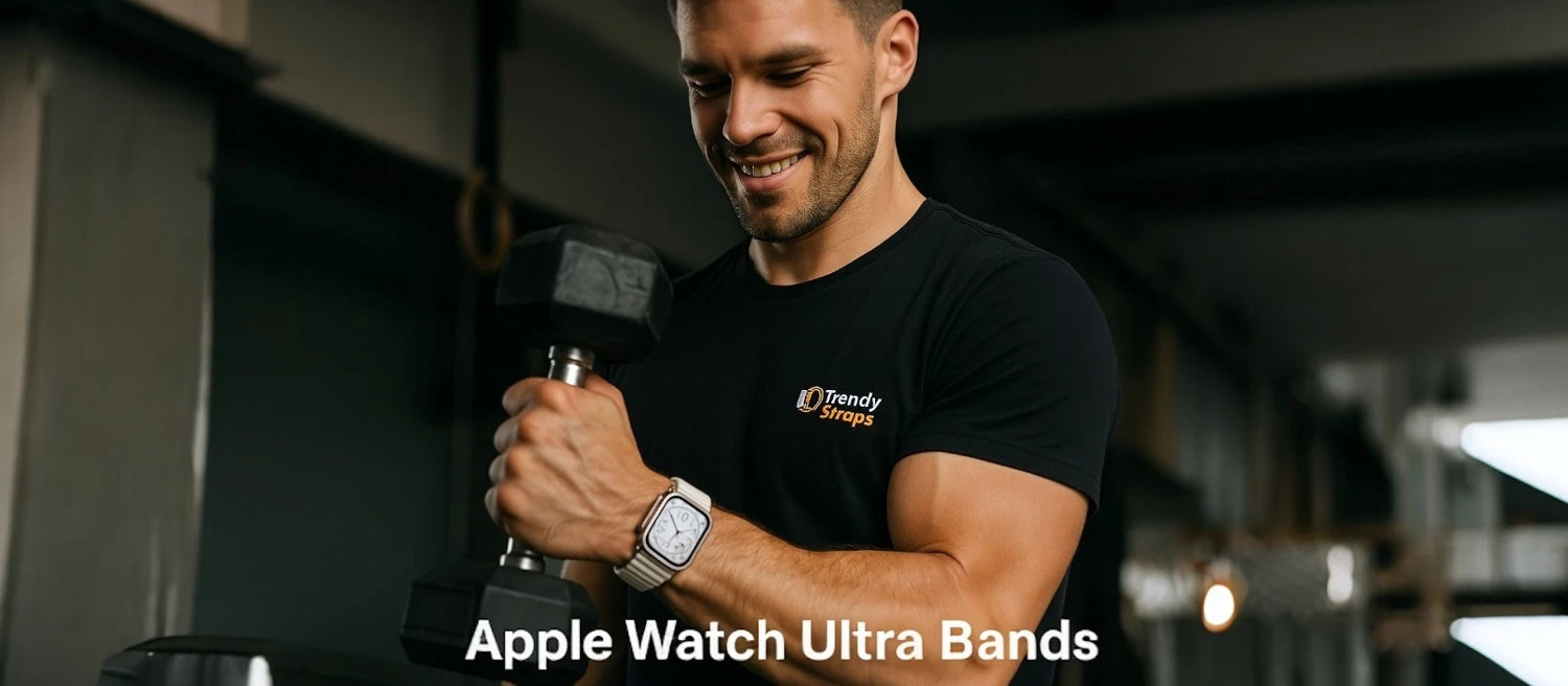 Man exercising with Apple Watch Ultra and stylish band, showcasing durability and comfort for active lifestyles.