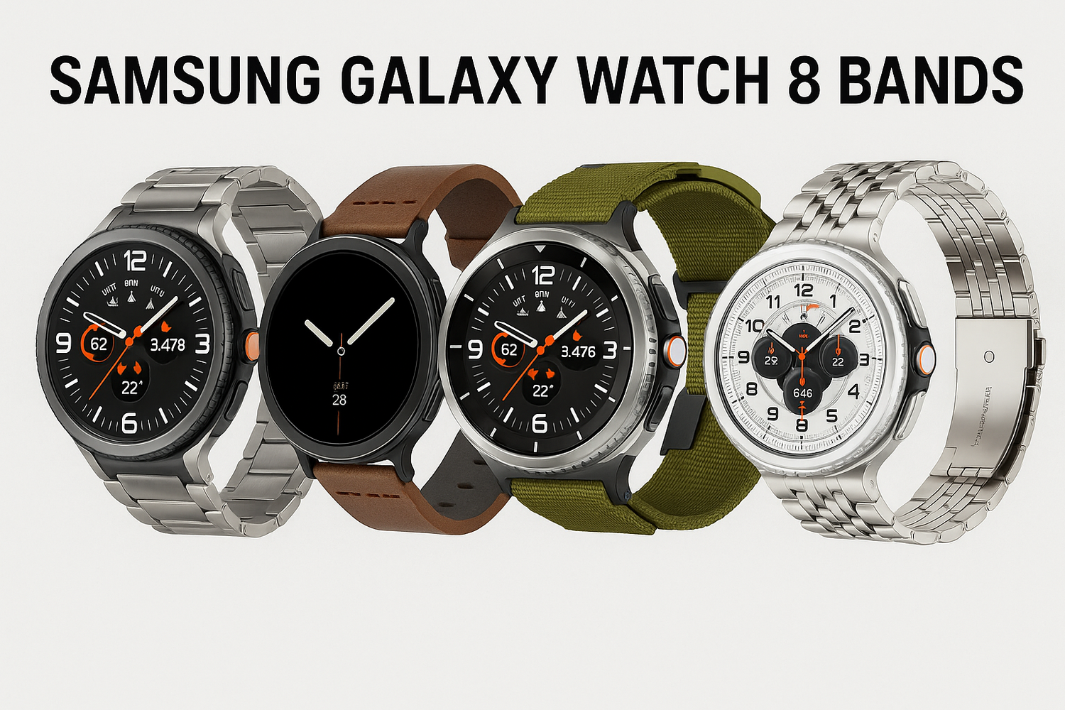 Samsung Galaxy Watch 8 bands displayed: sporty, leather, and metal options for style and comfort.