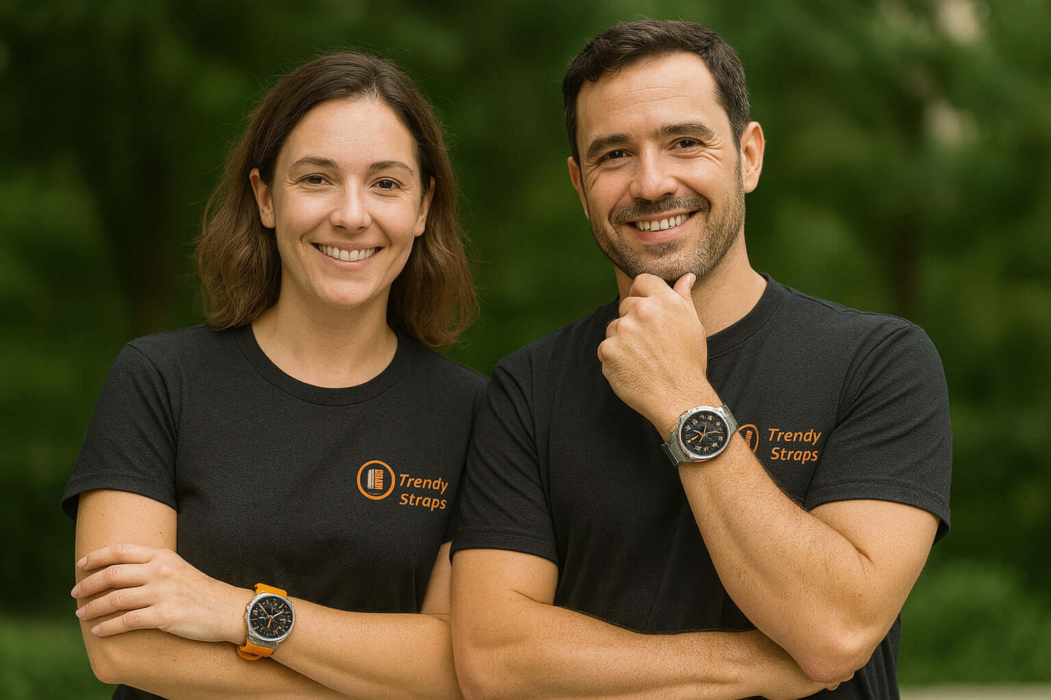 Two smiling individuals wearing Galaxy Watch Ultra with stylish bands, promoting Trendy Straps collection.