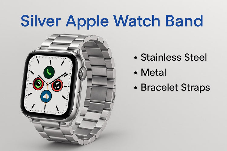 Silver Apple Watch Band in stainless steel featuring a sleek metal link bracelet design for 38mm-49mm models.