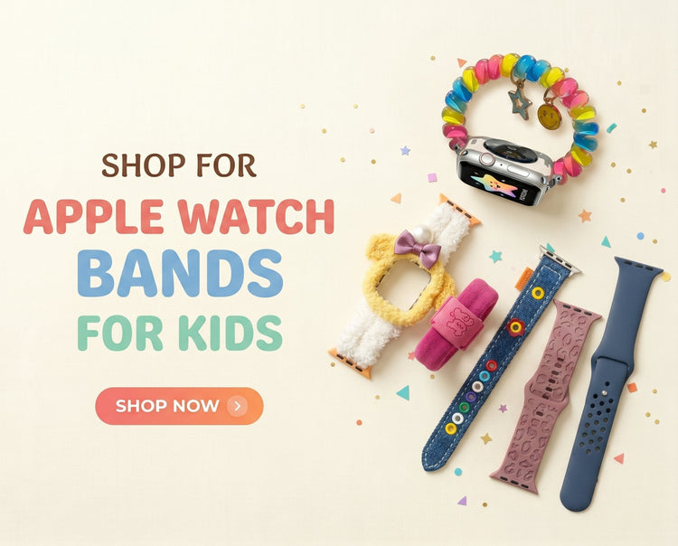 Apple Watch bands for kids in rainbow beaded, fluffy bear, denim, pink puppy, leopard, and navy sport styles