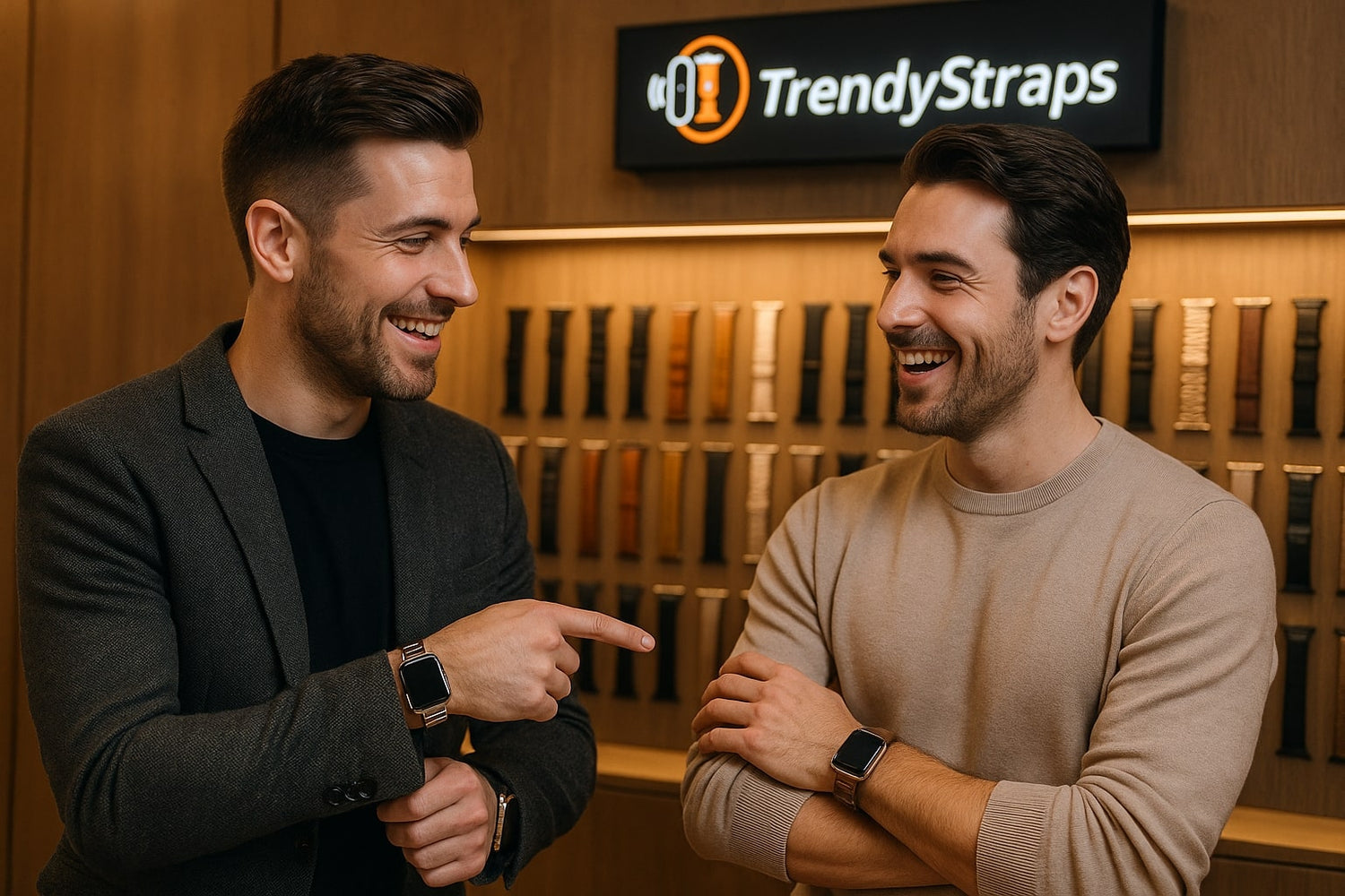 Two stylish men inside the TrendyStraps store smiling and discussing while wearing Apple Watches with classy, masculine watch bands, with the TrendyStraps LED sign and display wall in the background.