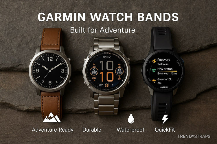 Garmin Watch Bands banner featuring leather, metal, and silicone TrendyStraps on Fenix and Forerunner models displayed on rugged stone surface with icons for Adventure-Ready, Durable, Waterproof, and QuickFit.
