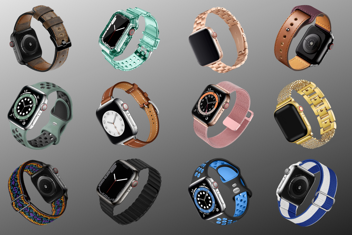 Various stylish bands for iWatch displayed in a grid, showcasing a mix of materials and colors.