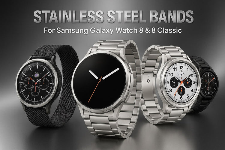 Stainless steel Samsung Galaxy Watch 8 and 8 Classic bands collection banner featuring premium link bracelets, Milanese magnetic straps, and modern metal designs in silver and black.