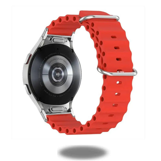 No Gaps Sports Ocean Bands for Samsung Galaxy Watch in vibrant red, showcasing innovative gap-free design and quick-release pin.