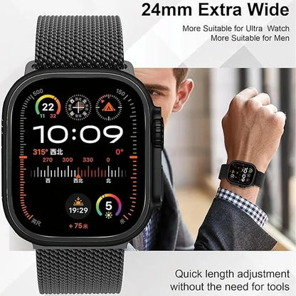Metal Mesh Loop for Apple Watch, 24mm extra wide, stylish design for men, lightweight, quick length adjustment.