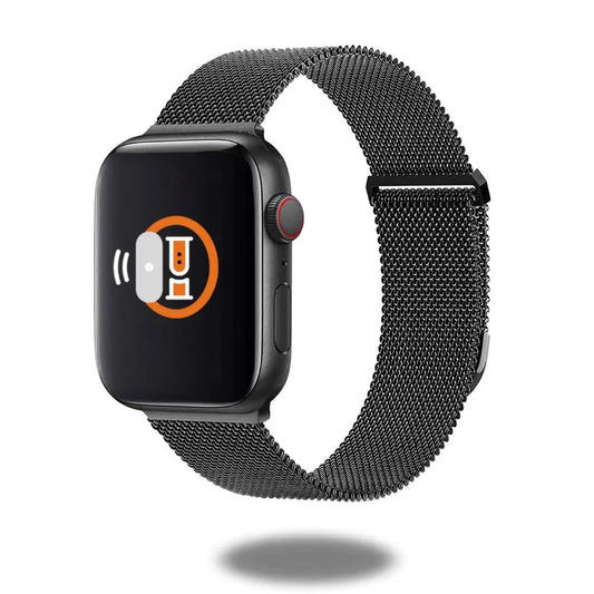 Apple Watch featuring upgraded Milan Loop stainless steel band in fine mesh design with magnetic closure.