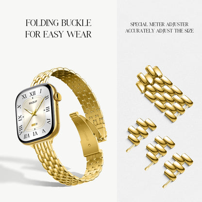 Close-up of gold stainless steel Apple Watch band for women with folding buckle and removable links for precise wrist size adjustment.