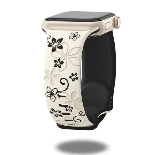 Contessa, The Lux Silicon Band featuring intricate floral engravings and two-tone design for Apple Watch.