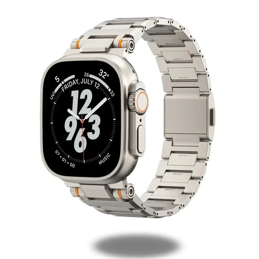 Elegant Cowboy metal band for Apple Watch shown in premium stainless steel, featuring a stylish, durable design with magnetic clasp.