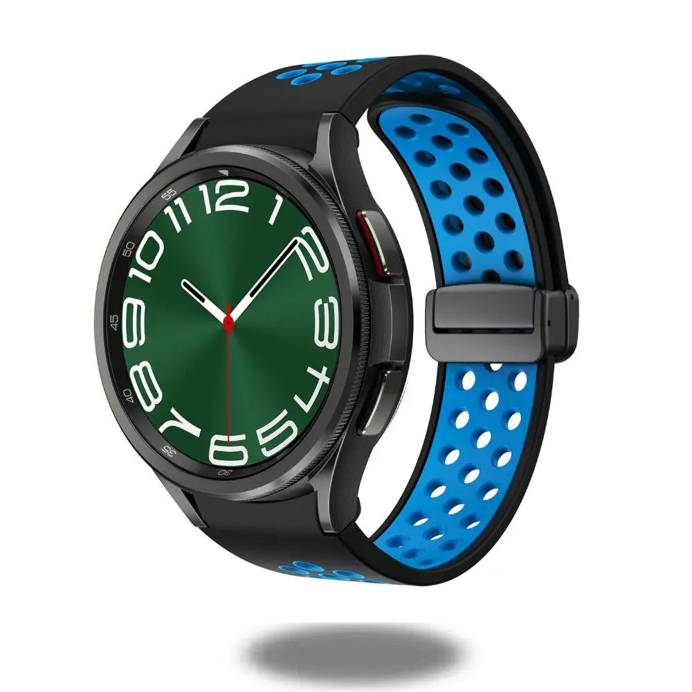 D-Buckle Silicon Magnetic Clasp Band in sporty black and blue design for Samsung Galaxy Watch