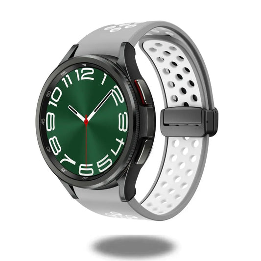 D-Buckle Silicon Magnetic Clasp Band on Samsung Galaxy Watch with sporty design and adjustable clasp.