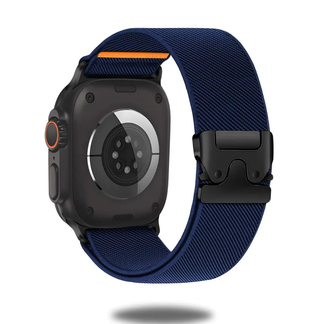 Enzo stretchy loop band for Apple Watch, breathable nylon design with titanium clasp, secure and comfortable fit.