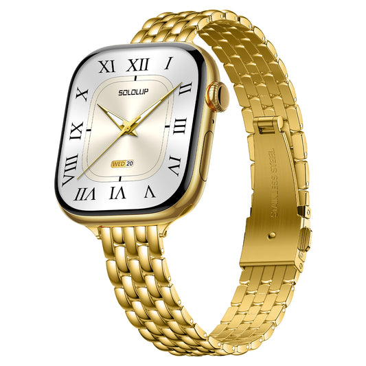 Gold slim stainless steel Apple Watch band for women shown on Series 11, featuring a polished bracelet-style design and luxury metal finish.