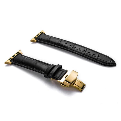 Luxury Crocodile Texture Leather Band for Apple Watch with gold buckle, elegant and stylish design.