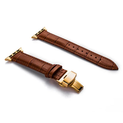 Luxury Crocodile Texture Leather Band for Apple Watch with gold buckle in brown color.