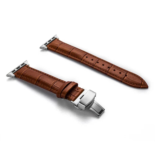 Luxury Crocodile Texture Leather Band for Apple Watch in rich brown color with silver buckle.