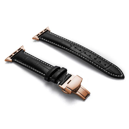 Luxury Crocodile Texture Leather Band for Apple Watch in black with rose gold clasp and contrasting stitching.