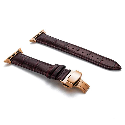 Luxury Crocodile Texture Leather Band for Apple Watch in dark brown with gold buckle, showcasing premium craftsmanship.