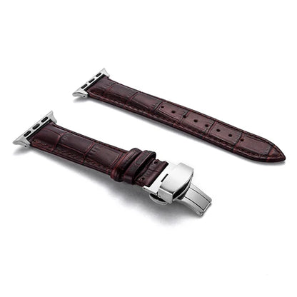 Luxury Crocodile Texture Leather Band for Apple Watch with silver buckle and strap detail.