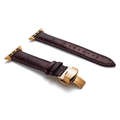 Luxury Crocodile Texture Leather Band for Apple Watch in deep brown with gold buckle.
