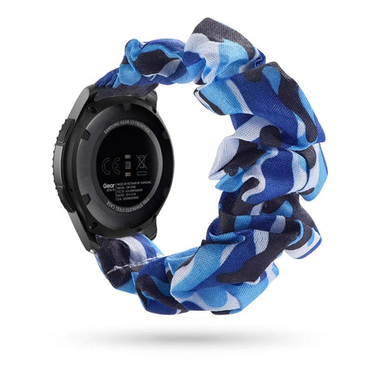 Scrunchie Strap 20mm and 22mm in blue camouflage design, showcasing elastic material and watch compatibility.