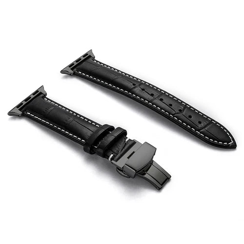 Luxury Crocodile Texture Leather Band for Apple Watch in black with contrasting stitching and secure buckle closure.