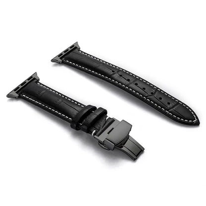 Luxury Crocodile Texture Leather Band for Apple Watch in black with contrasting stitching and secure buckle closure.