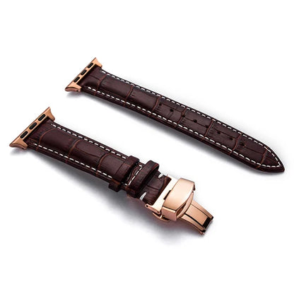 Luxury Crocodile Texture Leather Band for Apple Watch in rich brown with elegant stitching and a stylish clasp.