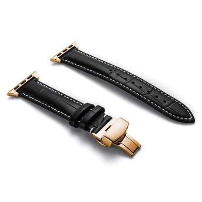 Luxury Crocodile Texture Leather Band for Apple Watch, elegant black leather strap with gold clasp and stitching.