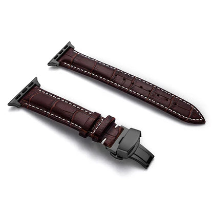Luxury Crocodile Texture Leather Band for Apple Watch in rich brown with elegant stitching and sleek buckle.