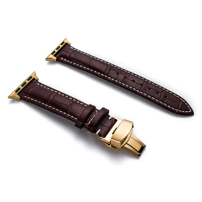 Luxury Crocodile Texture Leather Band for Apple Watch in brown with gold buckle, showcasing elegant design and premium materials.