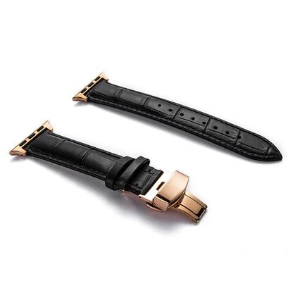 Luxury Crocodile Texture Leather Band for Apple Watch in black with gold buckle, showcasing premium craftsmanship.