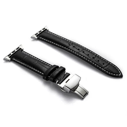 Luxury Crocodile Texture Leather Band for Apple Watch with sleek black design and silver buckle