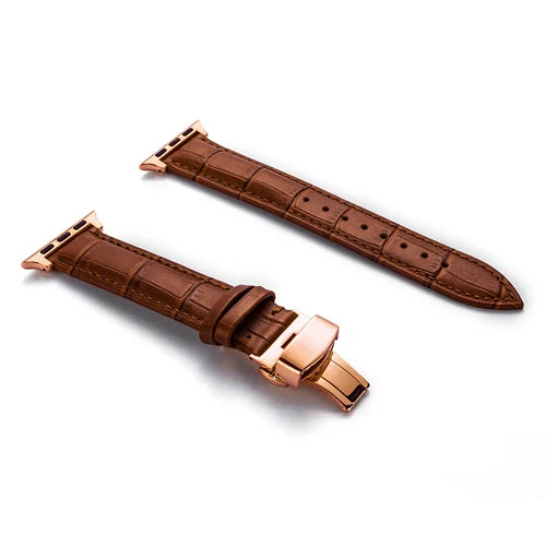 Luxury Crocodile Texture Leather Band for Apple Watch in rich brown with rose gold buckle accents.