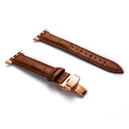 Luxury Crocodile Texture Leather Band for Apple Watch in rich brown with rose gold buckle accents.