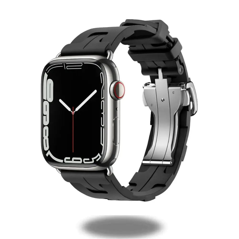 Kilim Style Single Tour Band for Apple Watch, featuring a black silicon strap and stainless steel buckle for style and durability.