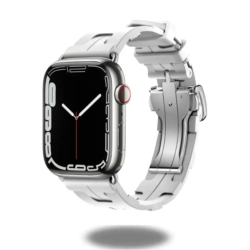 Kilim Style Single Tour Band for Apple Watch in premium white silicon with stainless steel buckle for style and comfort.