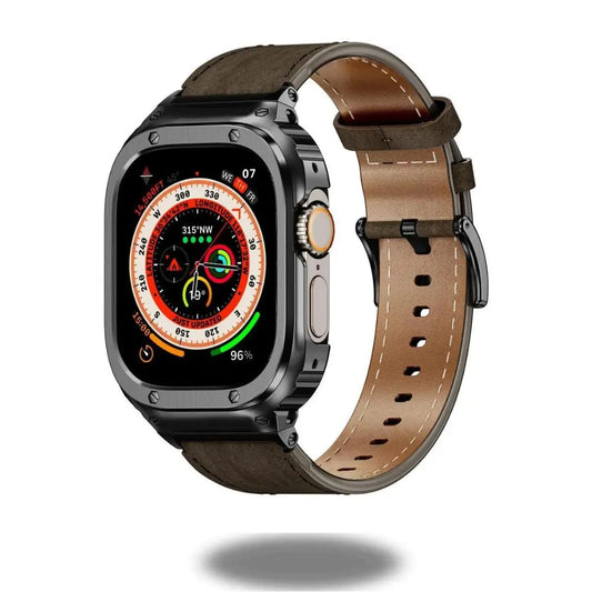 Luxury Leather Strap with Metal Case on an Apple Watch showcasing its sleek design and functionality.