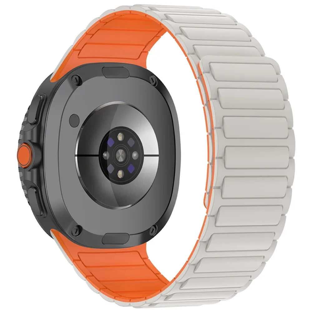 Magnetic Silicone Loop Band for Samsung Galaxy Watch 8 40/44/46mm in white and orange color scheme.