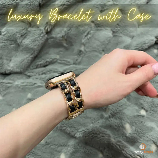 Chunky luxury bracelet with case on wrist, featuring stainless steel and rhinestones for Apple Watch.