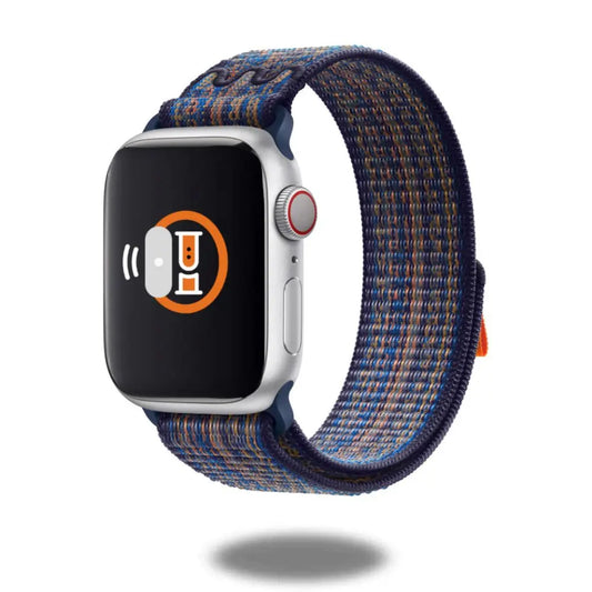Nylon sporty band for Apple Watch in blue and orange, featuring Velcro closure for comfort and durability during activities.