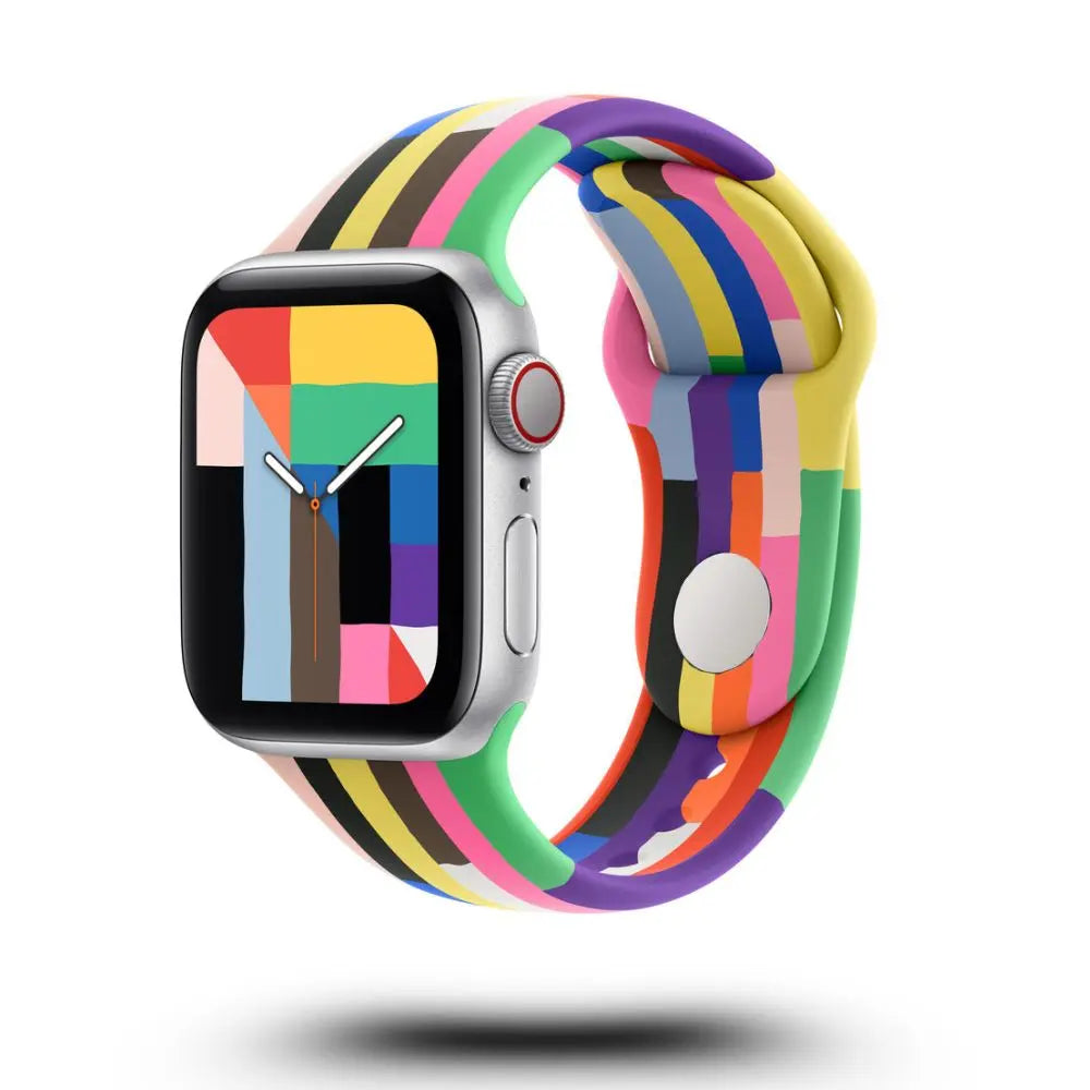 Silicon Sports 2025 colorful Apple Watch band, features breathable fluoroelastomer, compatible with Series 1-10 and Ultra models.