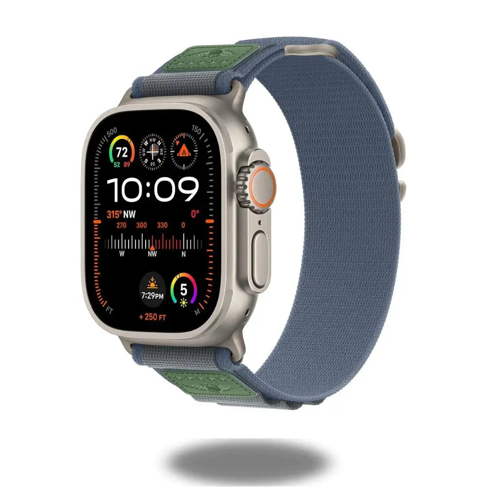 Royal Alpine Loop band on Apple Watch showcasing elegant design and innovative features.