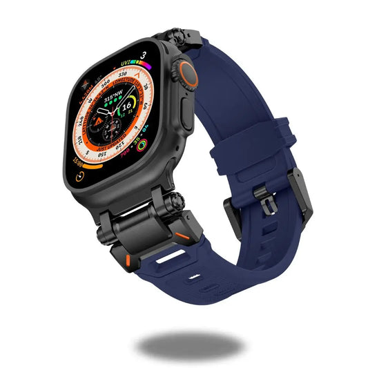 Rugged Silicon Band with Metal Connectors on Apple Watch Ultra, showcasing durability and style.