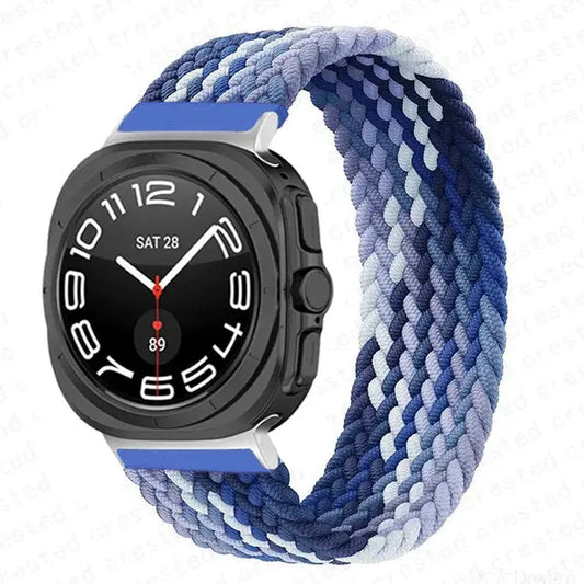Stretchy Braided Solo Bands for Galaxy Watch Ultra in blue and purple braided design.