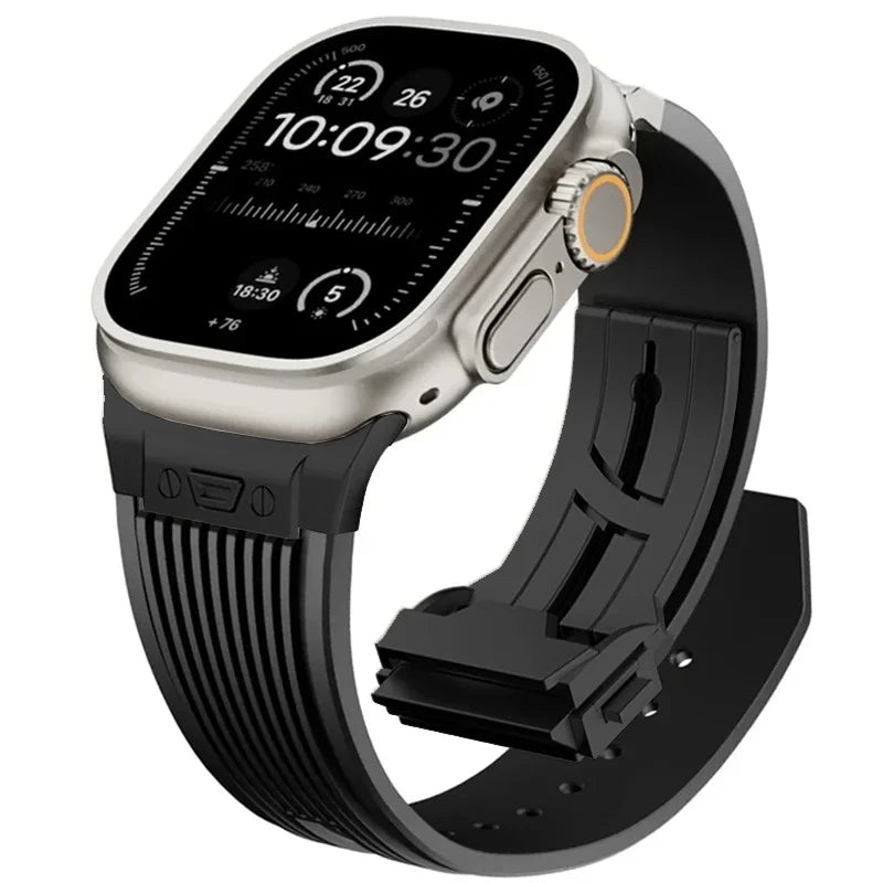 Men’s Silicone Apple Watch Band for Ultra 3 & Series 11–3 on a smartwatch, showcasing its sleek design and functionality.