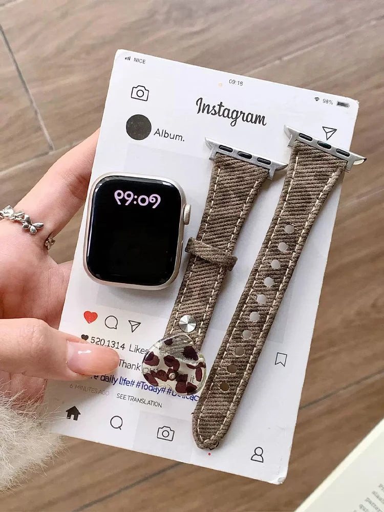 Retro Leopard Leather Heart Band for Apple Watch 38-49mm Series